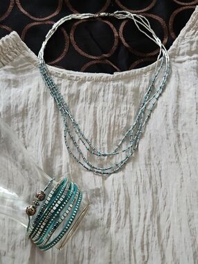 Southwestern Silver & Turquoise Blue Beaded & Leather 3 Piece Jewelry Set Bundle